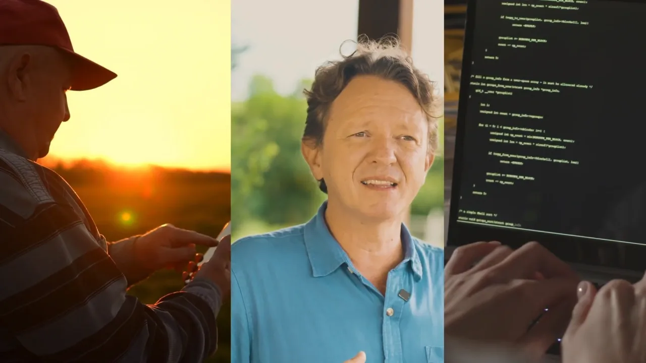 Escenas del proyecto: un agricultor en el campo al atardecer, Roberson Marczak siendo entrevistado y el desarrollo de la aplicación