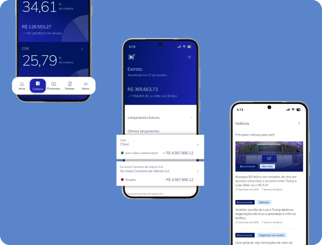 Pantallas de la app de inversiones de B3: cartera y rendimientos