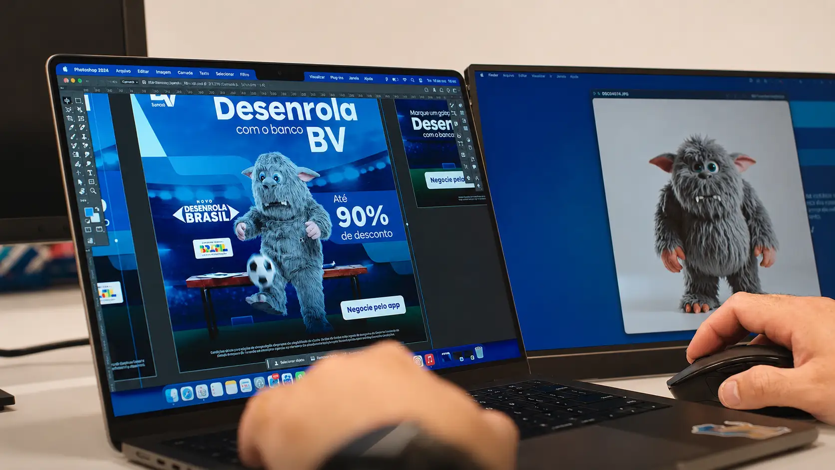 Diseñador editando en Photoshop una pieza de campaña con la mascota peluda del banco BV, junto a otra pantalla con el modelo 3D del personaje