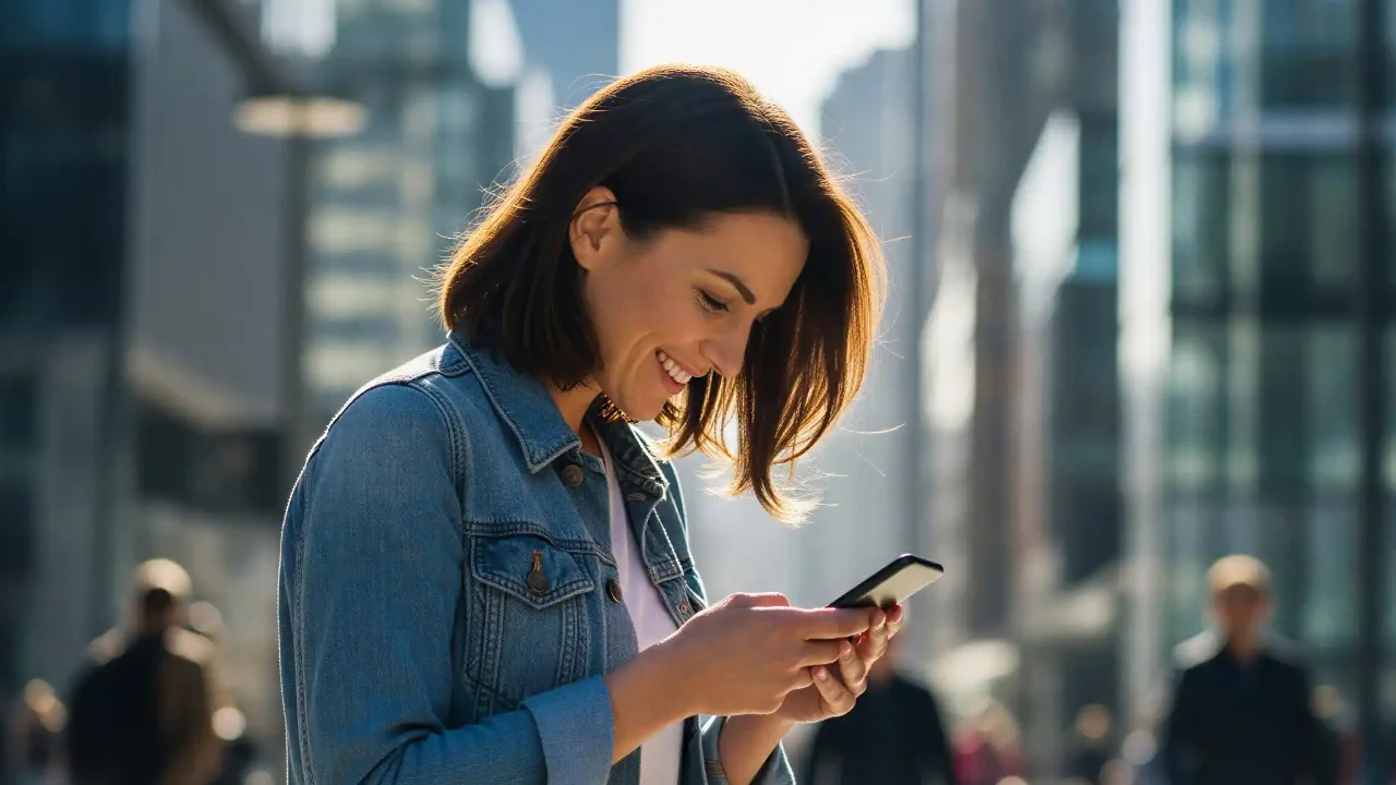 Mujer sonriendo mientras usa el celular en una calle con edificios comerciales al fondo