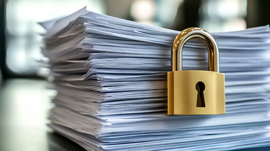 Pila de documentos con un candado, simbolizando seguridad y auditoría de los datos