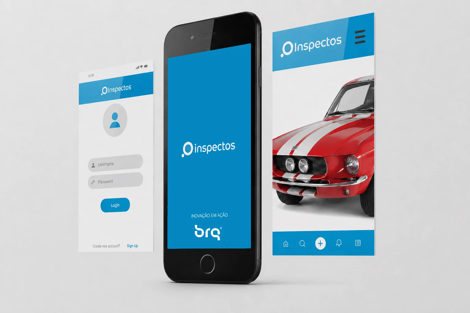 Pantallas de la aplicación Inspectos: login, pantalla de apertura con la marca BRQ y listado de vehículo para inspección