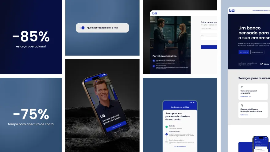 Montaje del producto BS2: pantallas de la app de apertura de cuenta, reconocimiento facial y el sitio del banco
