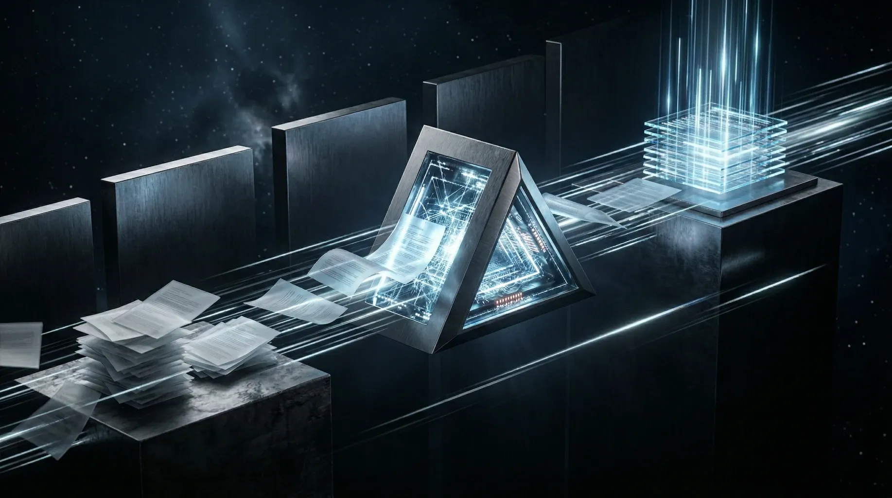 Ilustración 3D de documentos siendo procesados por un portal futurista de verificación