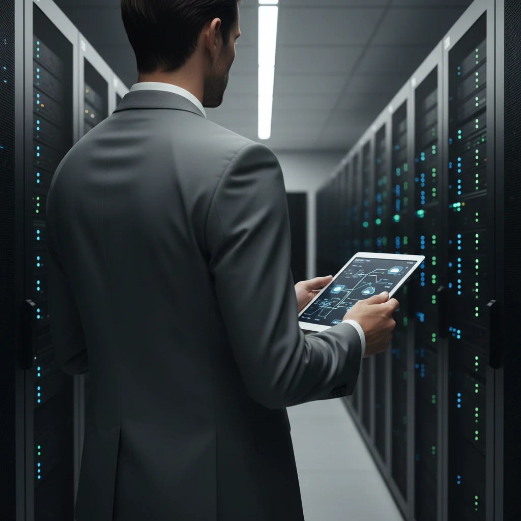 Profissional de terno analisando um diagrama de migração para nuvem em um tablet, dentro de um data center
