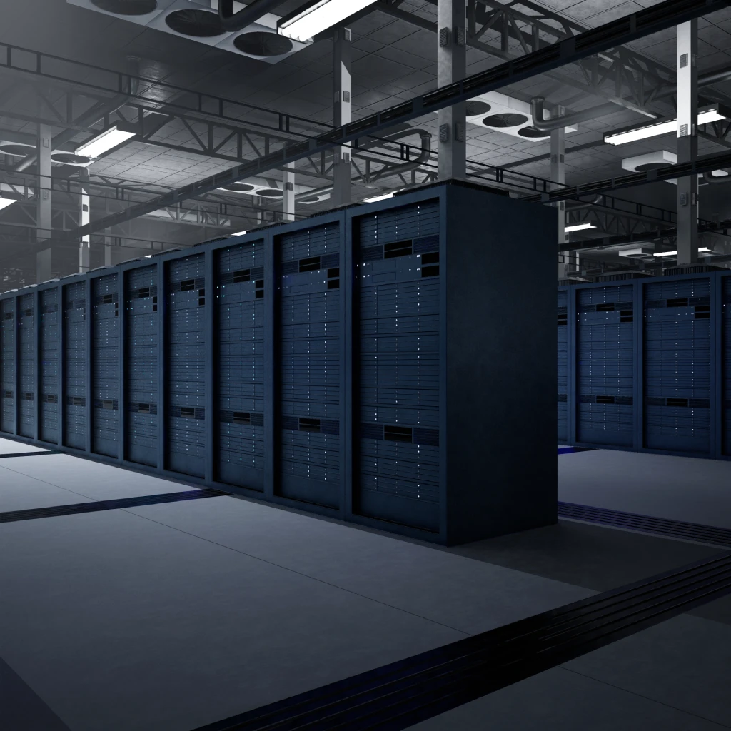 Corredor de um data center com fileiras de racks de servidores