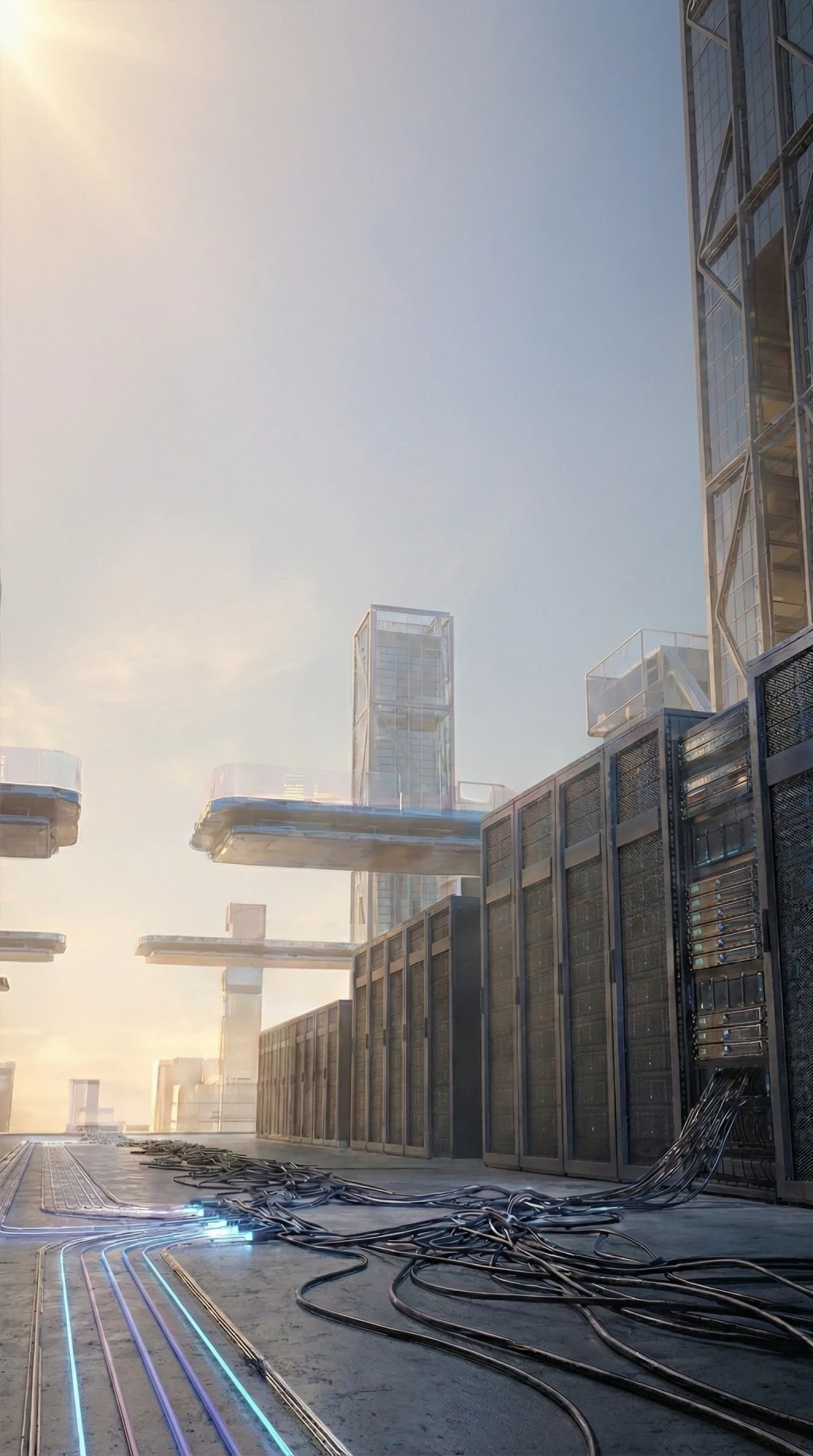 Vista futurista de um data center com racks de servidores e cabos luminosos entre arranha-céus