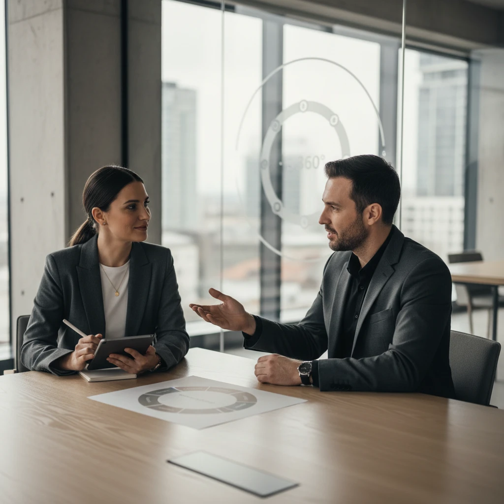 Two professionals in a meeting discussing a 360° customer view diagram