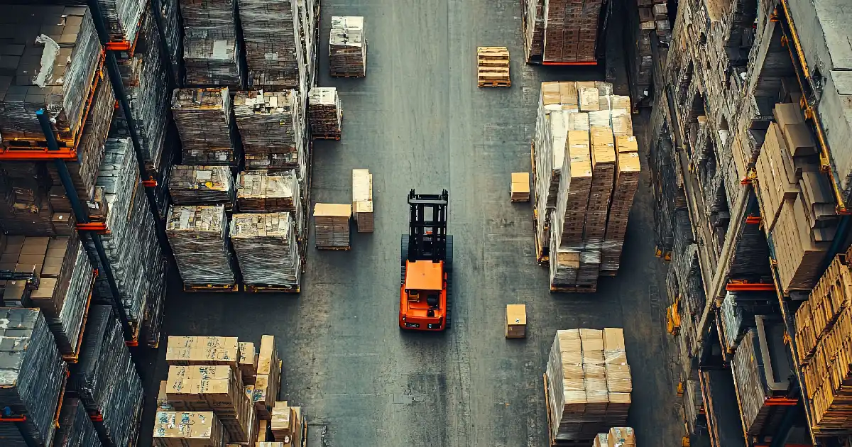 Vista aérea de un montacargas circulando entre pasillos de pallets en un centro de distribución