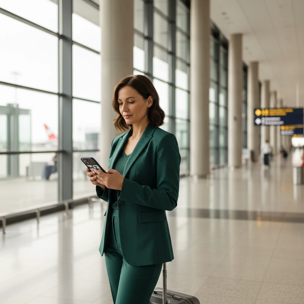 Woman in a suit at the airport checking her phone next to her travel bag