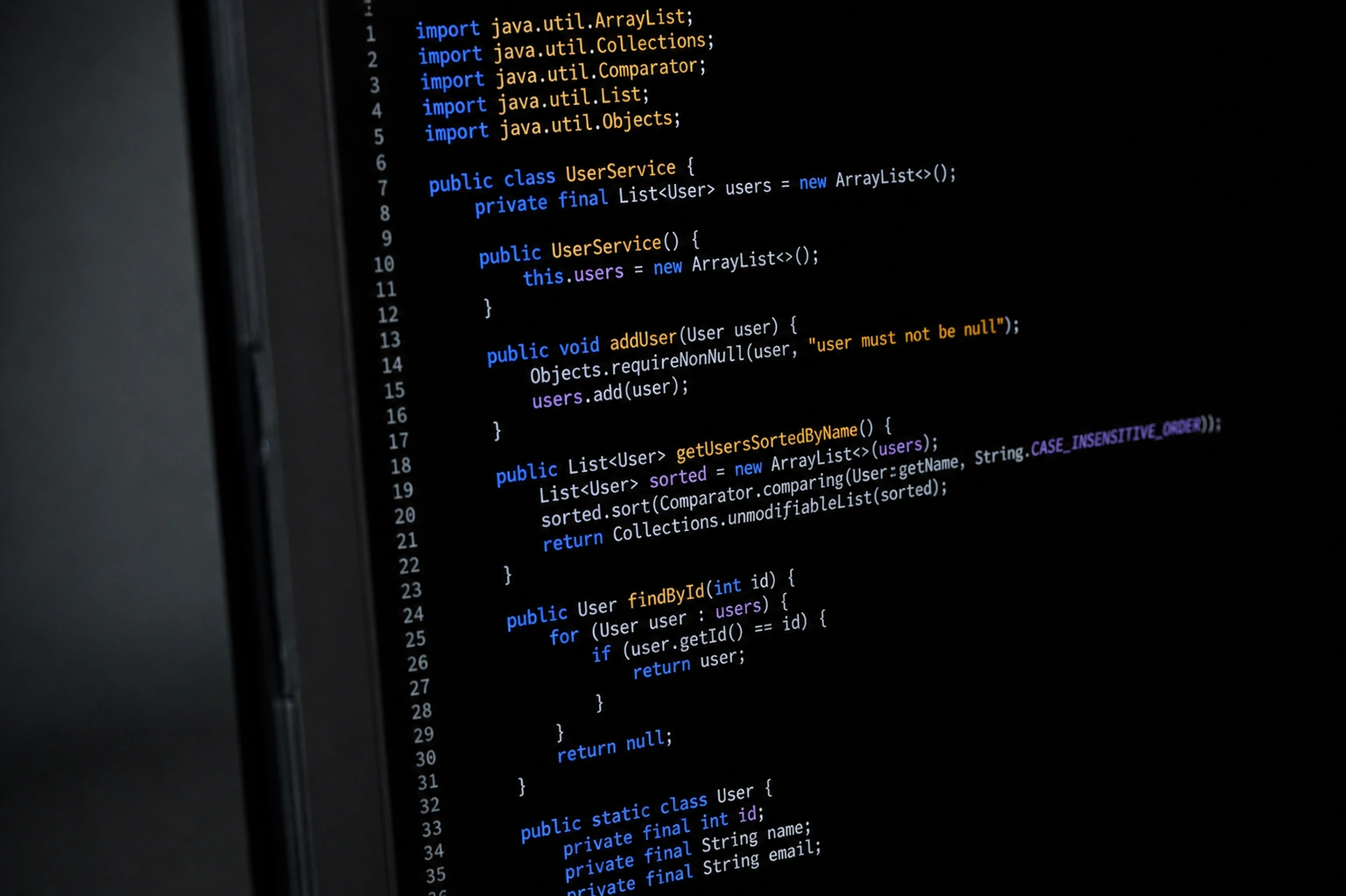 Close-up of Java code on a computer screen