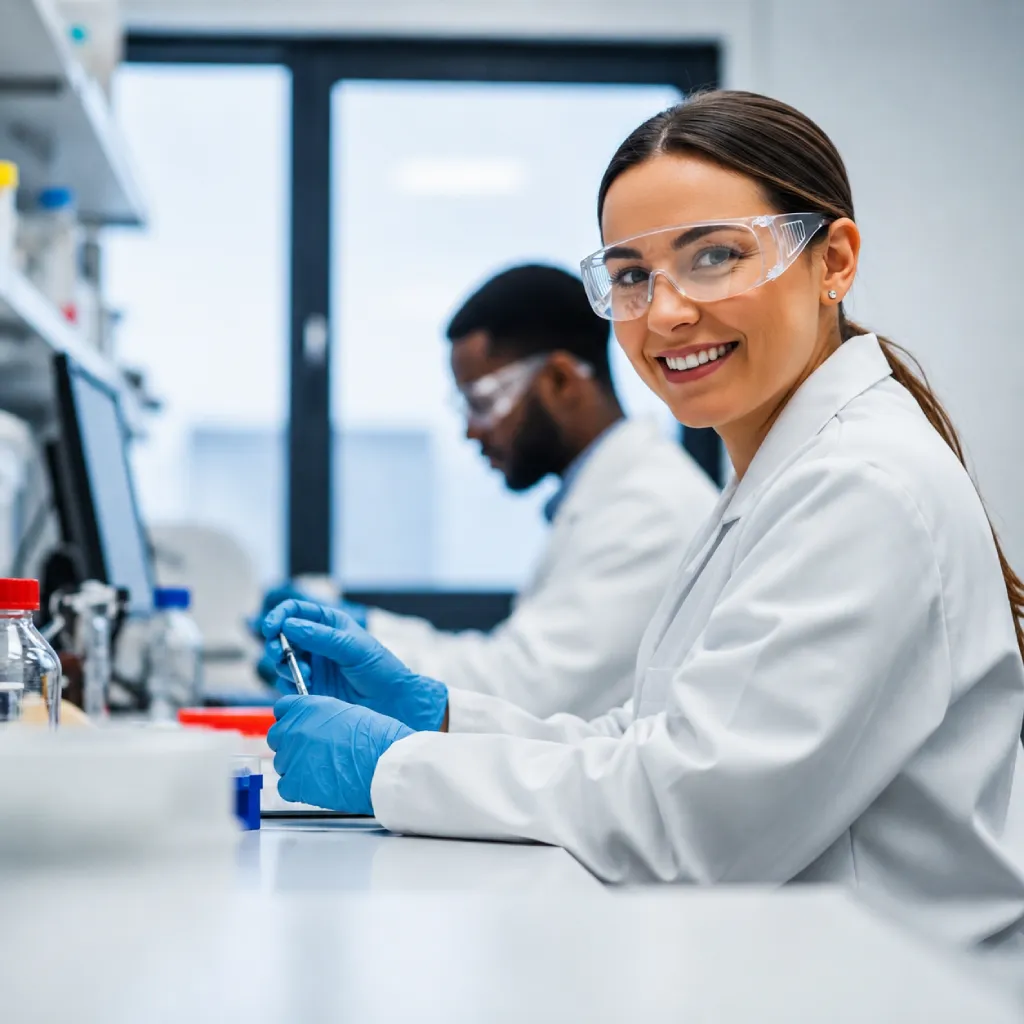 Dos personas con batas de laboratorio, una de ellas sonriendo a la cámara con guantes azules y gafas de protección