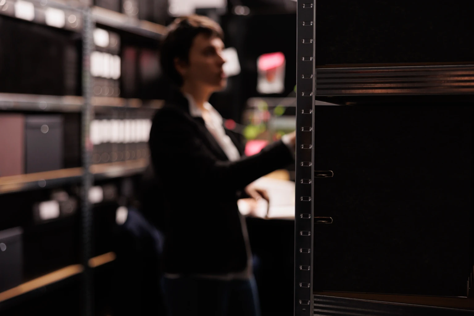 Woman searching for a document in a physical folder archive, in a dark setting