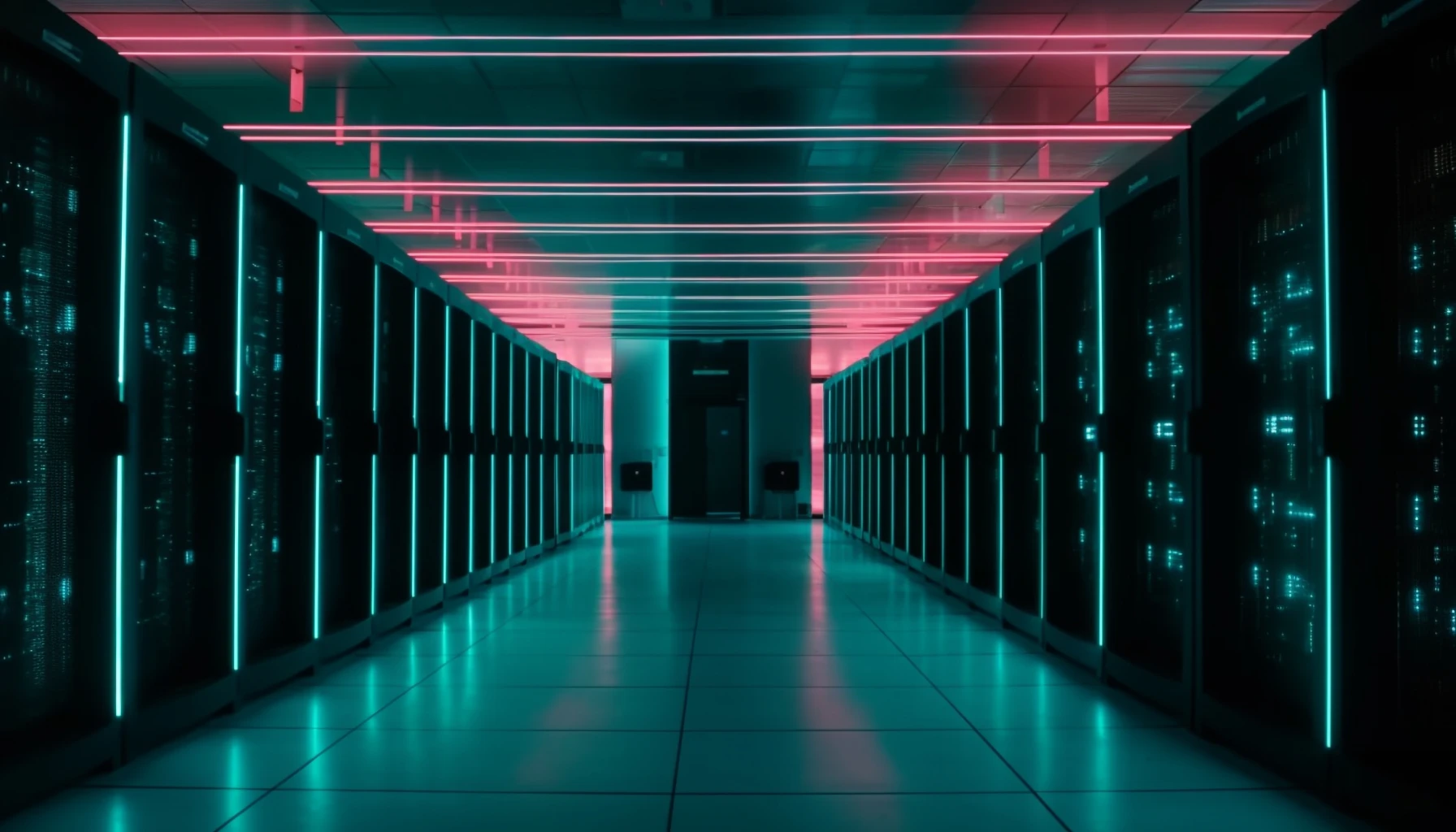 Data center corridor lit in green and pink tones