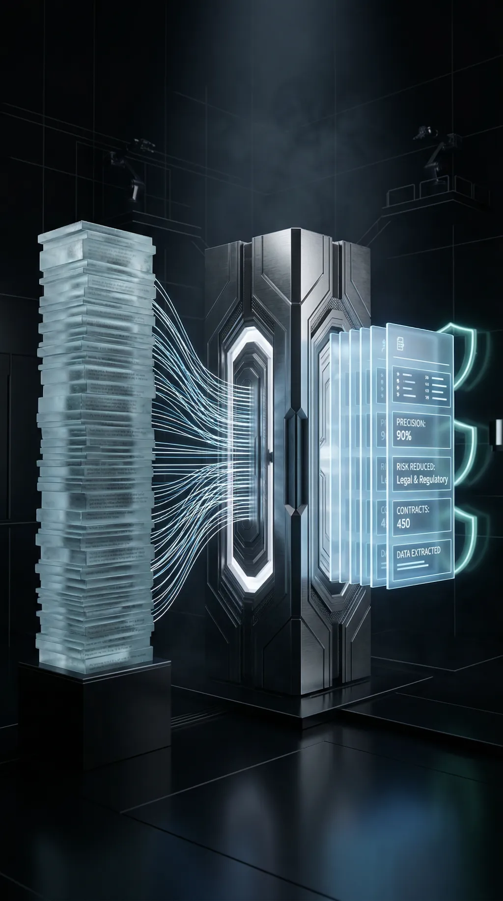 Ilustración 3D de documentos siendo procesados por un sistema de IA, con panel mostrando 90% de precisión y datos extraídos