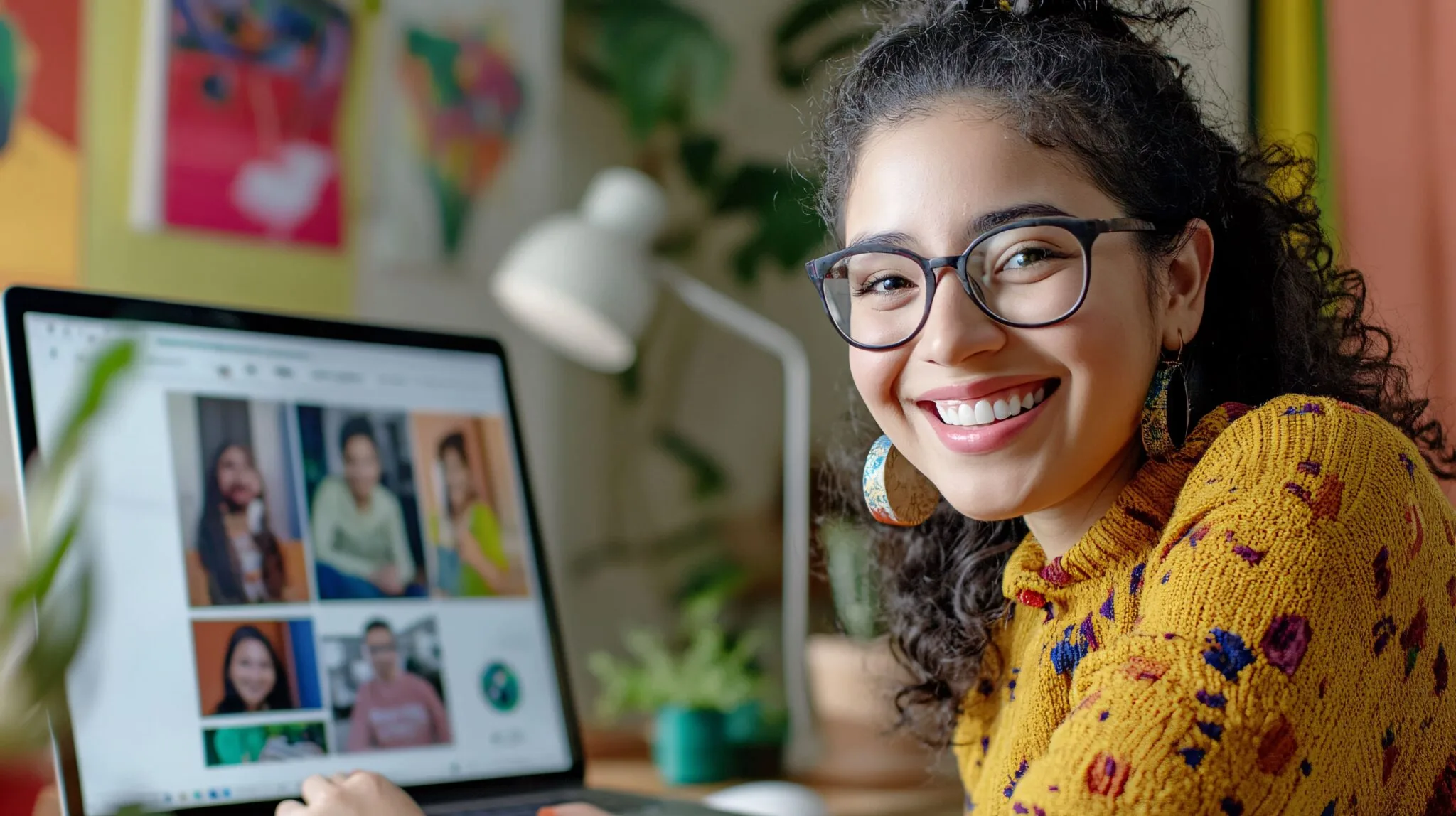 Joven en videollamada por notebook, rodeada de trabajos artísticos