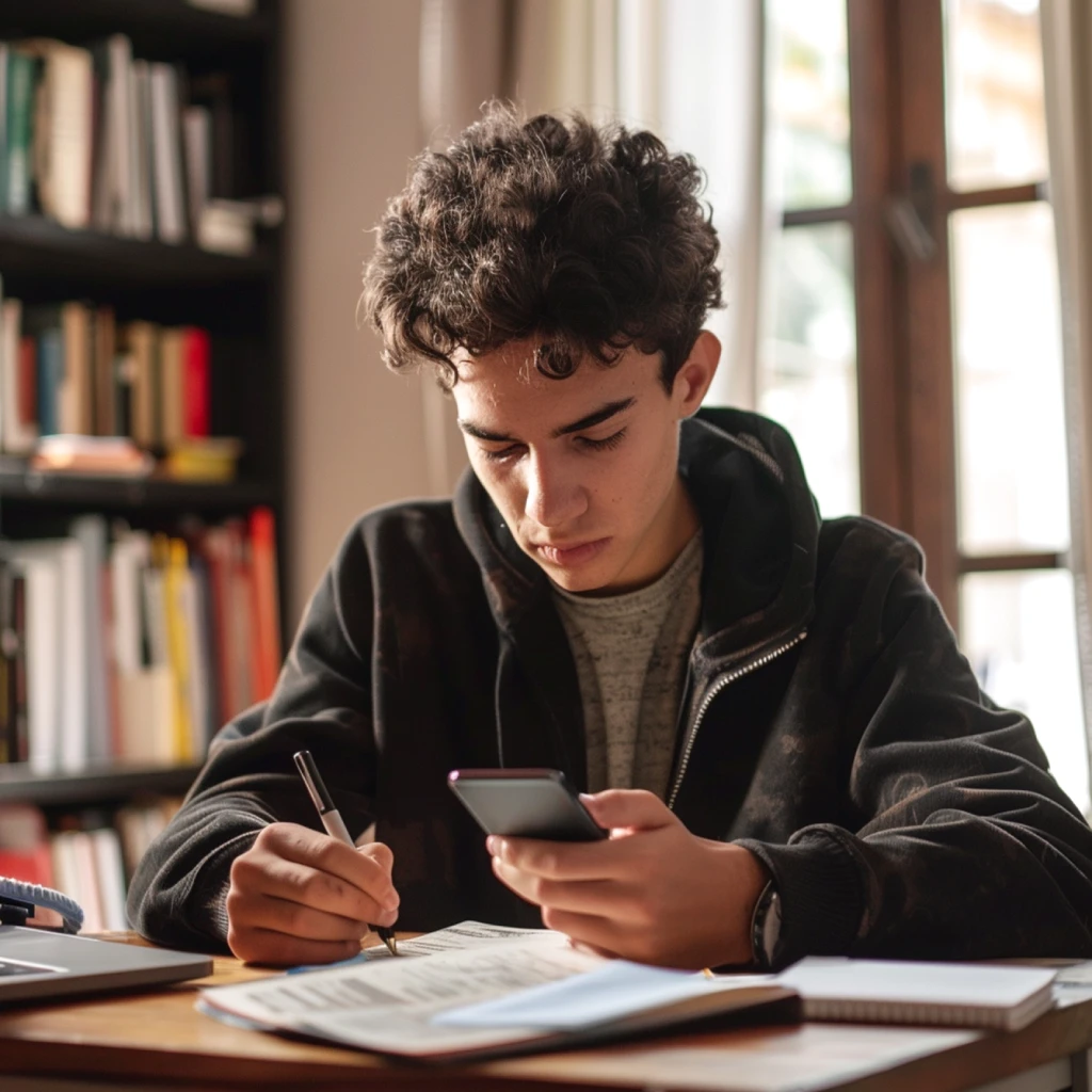 Joven estudiando en casa, escribiendo en el cuaderno mientras consulta el celular