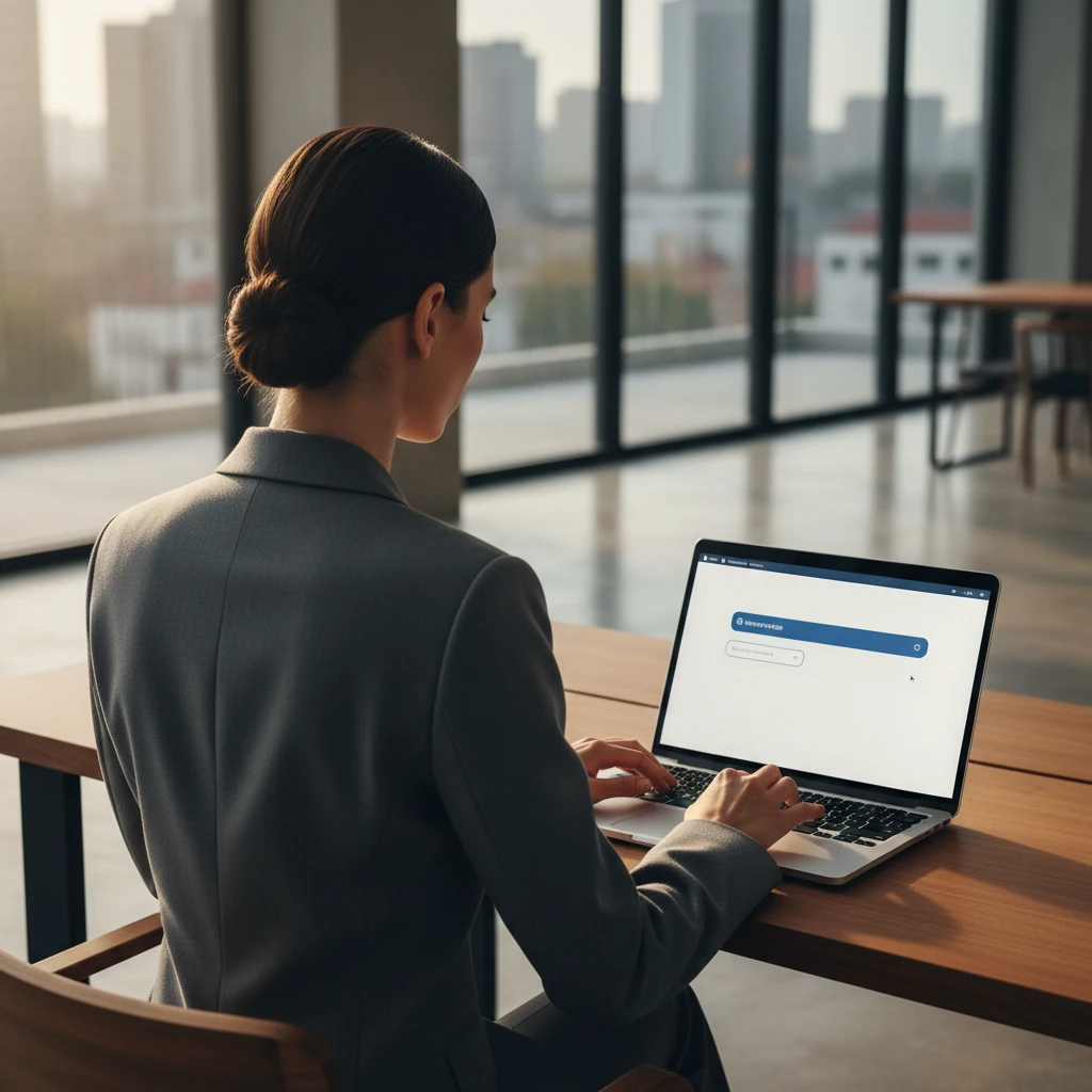 Profesional analizando documentos en el notebook en una oficina corporativa