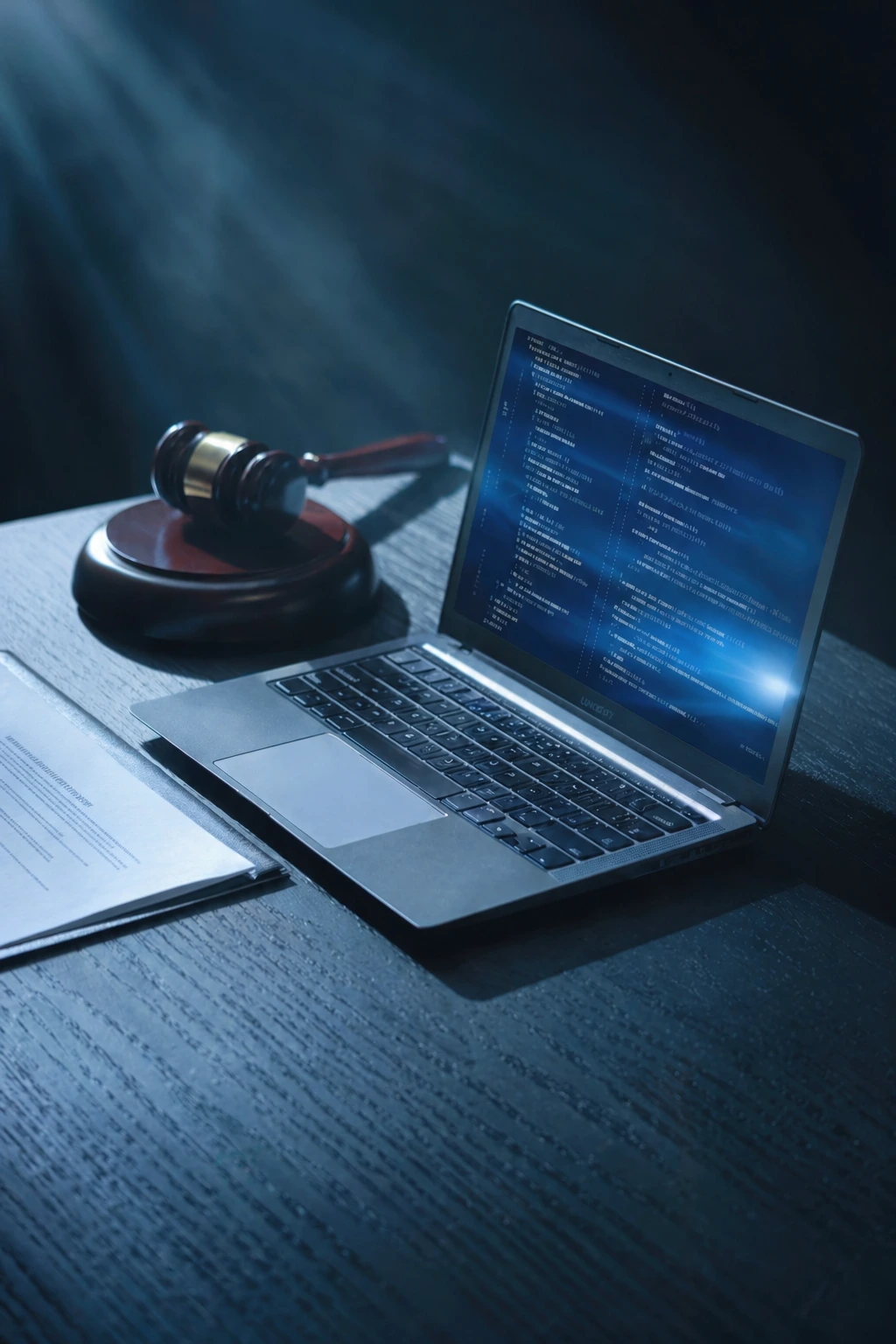 Notebook mostrando datos en análisis junto a un martillo de juez y documentos jurídicos