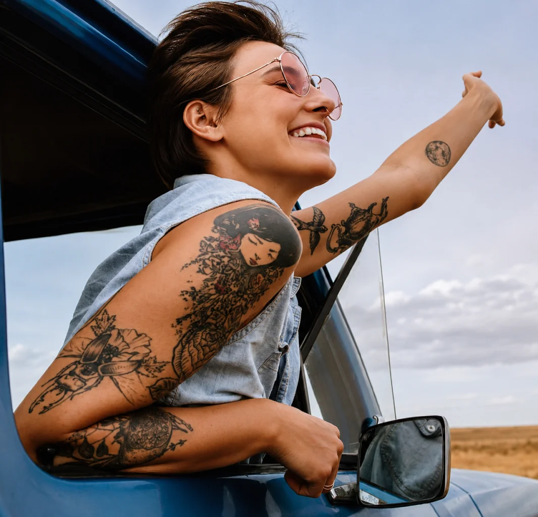 Woman smiling with her arm out the window of a vehicle, on a road