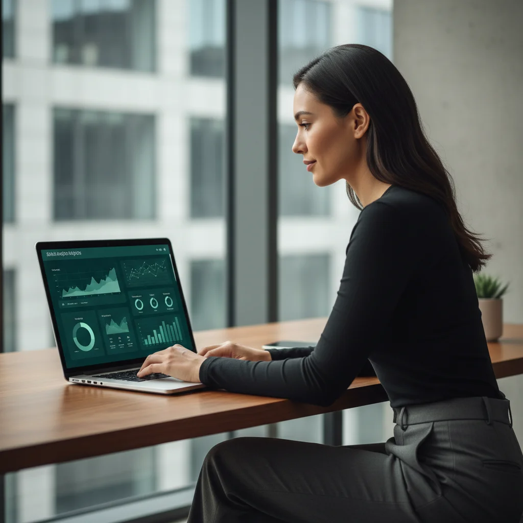 Woman analyzing operational indicator dashboards on a laptop