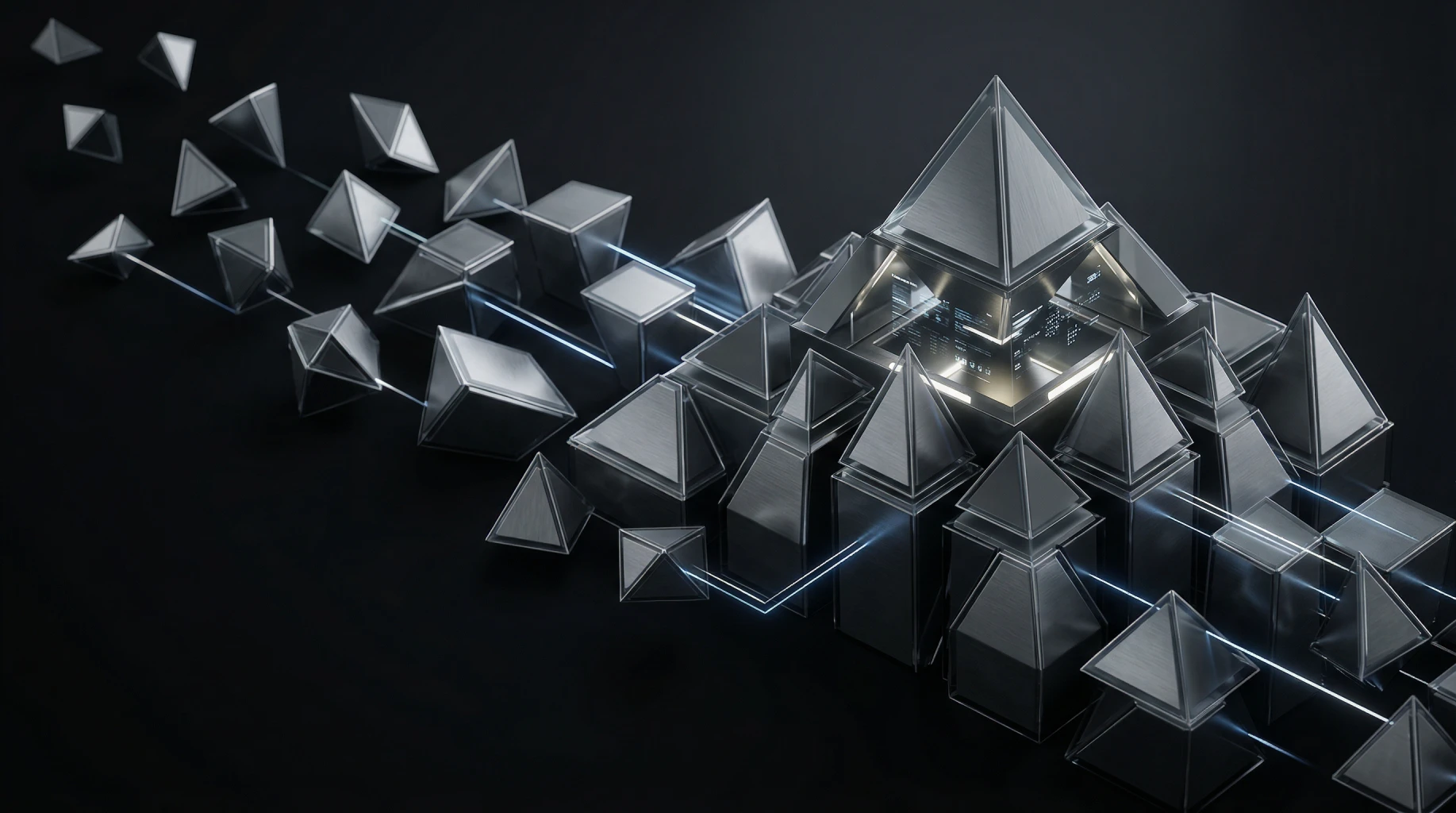 Abstract 3D illustration of pyramids connected by data lines, representing the consolidation of indicators from multiple factories