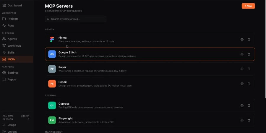 Lista de servidores MCP configurados no Fusion Agents, agrupados por categoria de ferramenta.