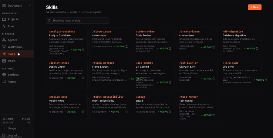 Catálogo de skills do Fusion Agents, em cartões com o nome, a descrição e os argumentos de cada habilidade.