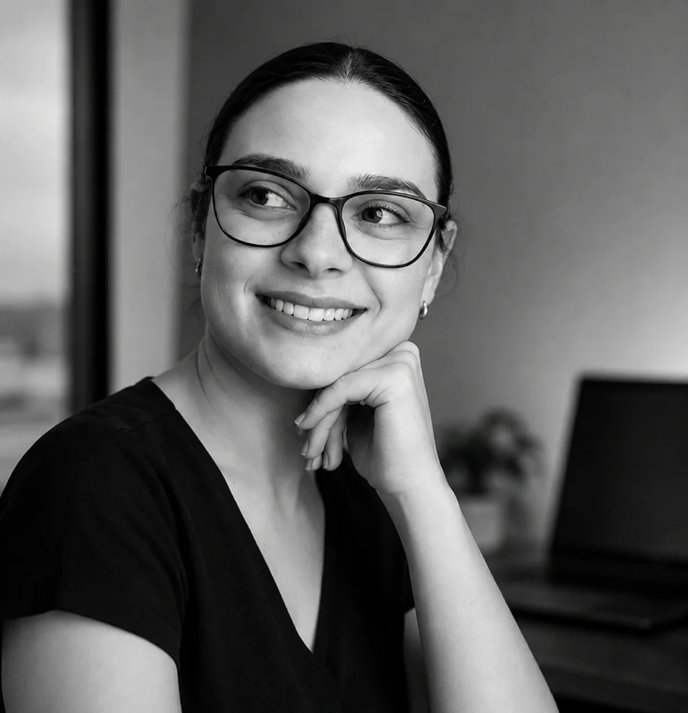 Sara Oliveira sorrindo em um escritório